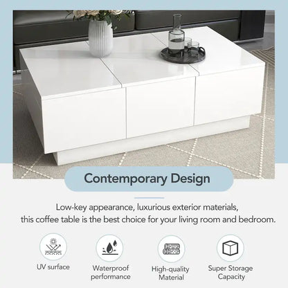 Table basse moderne et élégante, extensible, avec 2 grands compartiments de rangement et 2 tiroirs, pour le salon.