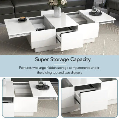 Table basse moderne et élégante, extensible, avec 2 grands compartiments de rangement et 2 tiroirs, pour le salon.