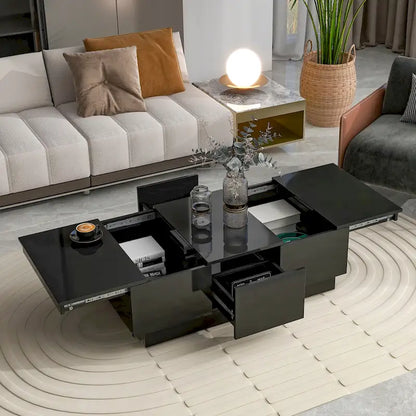 Table basse moderne et élégante, extensible, avec 2 grands compartiments de rangement et 2 tiroirs, pour le salon.