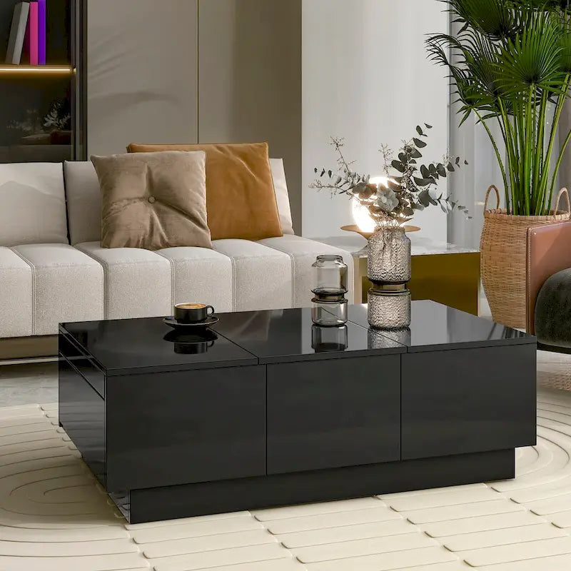 Table basse moderne et élégante, extensible, avec 2 grands compartiments de rangement et 2 tiroirs, pour le salon.