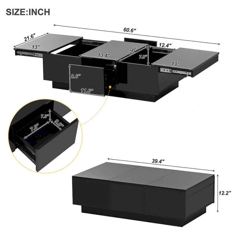 Table basse moderne et élégante, extensible, avec 2 grands compartiments de rangement et 2 tiroirs, pour le salon.