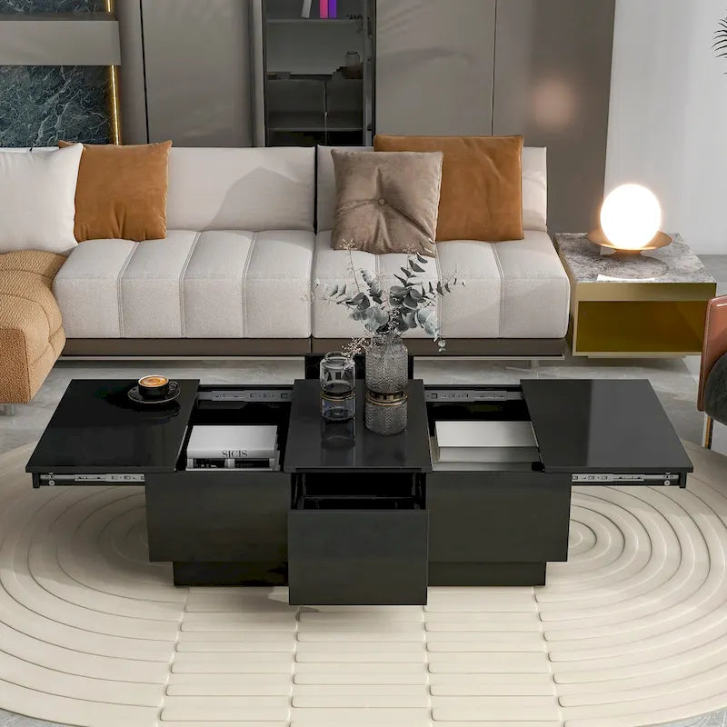 Table basse moderne et élégante, extensible, avec 2 grands compartiments de rangement et 2 tiroirs, pour le salon.