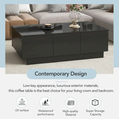 Table basse moderne et élégante, extensible, avec 2 grands compartiments de rangement et 2 tiroirs, pour le salon.