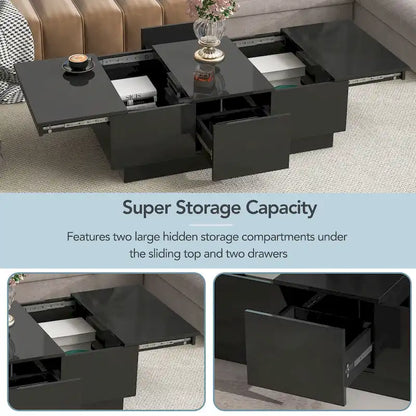 Table basse moderne et élégante, extensible, avec 2 grands compartiments de rangement et 2 tiroirs, pour le salon.
