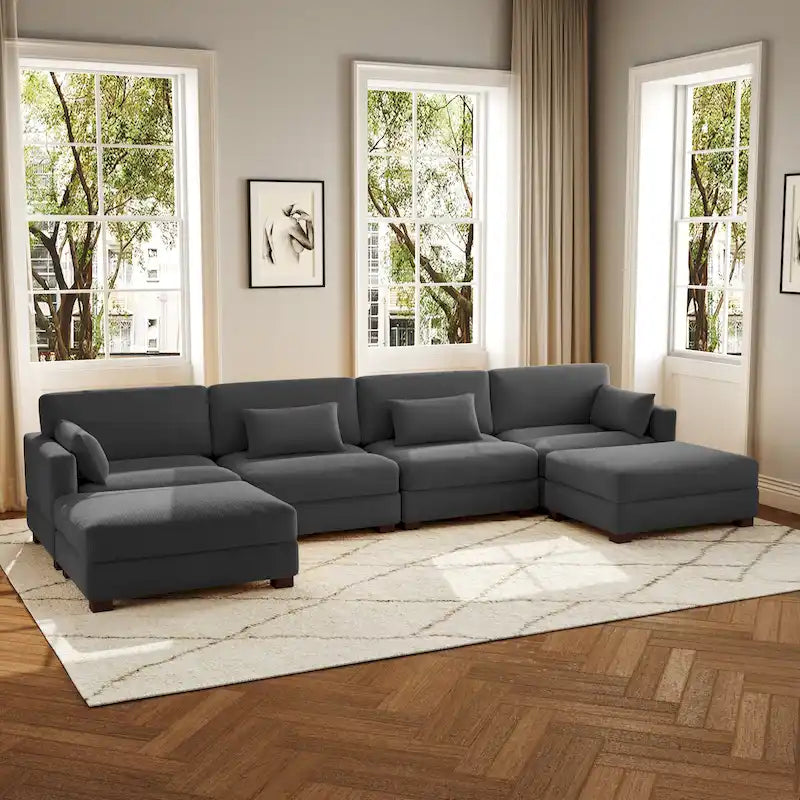 Canapé d'angle modulaire en forme de U 6 pièces avec pouf