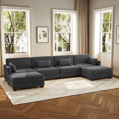 Canapé d'angle modulaire en forme de U 6 pièces avec pouf