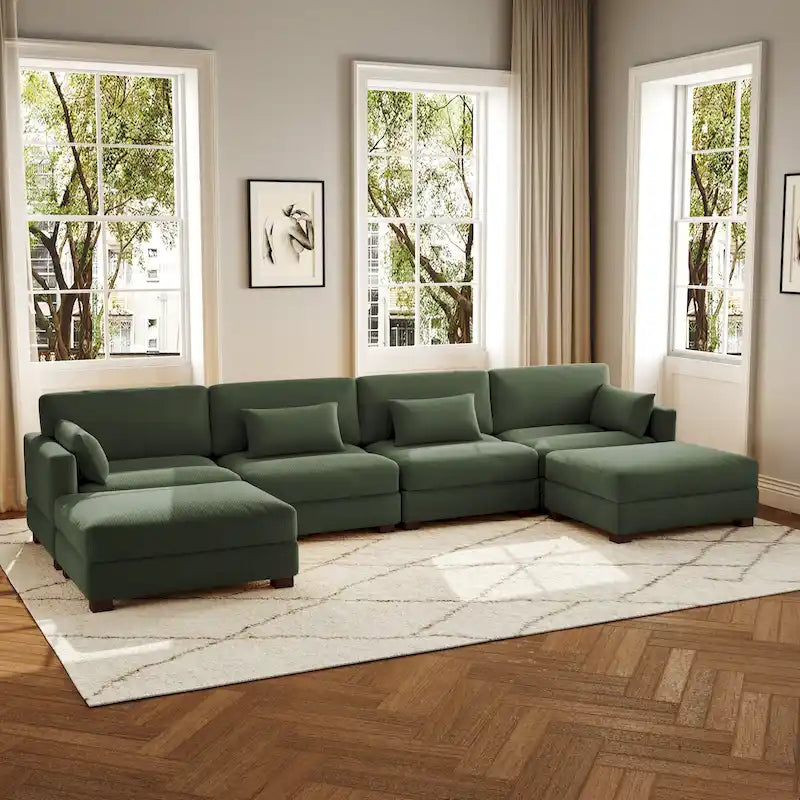 Canapé d'angle modulaire en forme de U 6 pièces avec pouf
