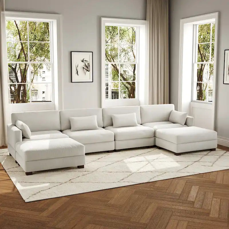 Canapé d'angle modulaire en forme de U 6 pièces avec pouf