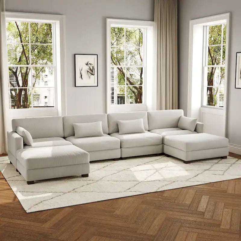 Canapé d'angle modulaire en forme de U 6 pièces avec pouf