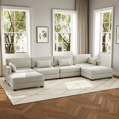 Canapé d'angle modulaire en forme de U 6 pièces avec pouf