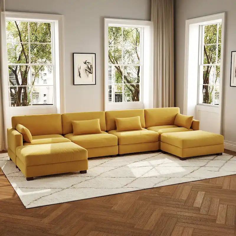 Canapé d'angle modulaire en forme de U 6 pièces avec pouf