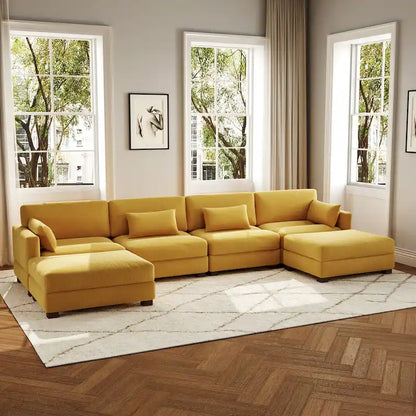 Canapé d'angle modulaire en forme de U 6 pièces avec pouf