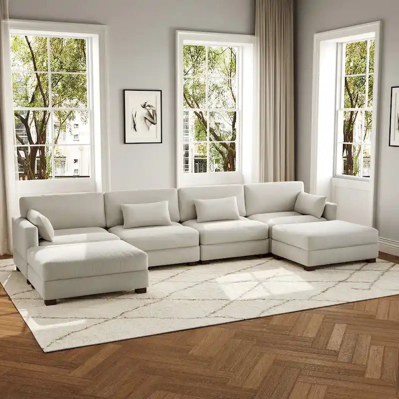 Canapé d'angle modulaire en forme de U 6 pièces avec pouf
