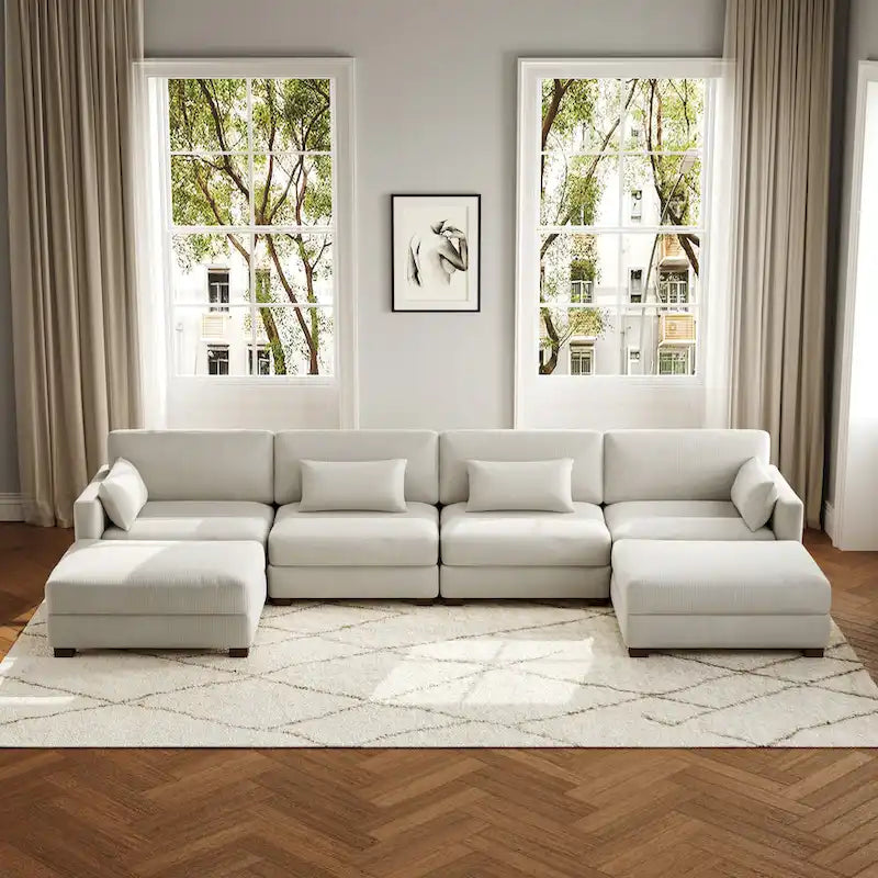 Canapé d'angle modulaire en forme de U 6 pièces avec pouf