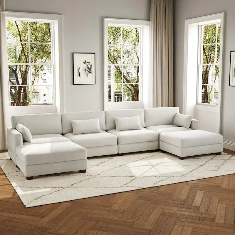 Canapé d'angle modulaire en forme de U 6 pièces avec pouf