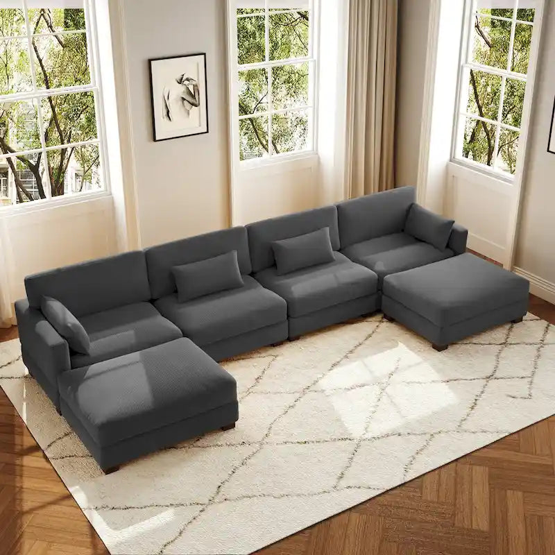 Canapé d'angle modulaire en forme de U 6 pièces avec pouf