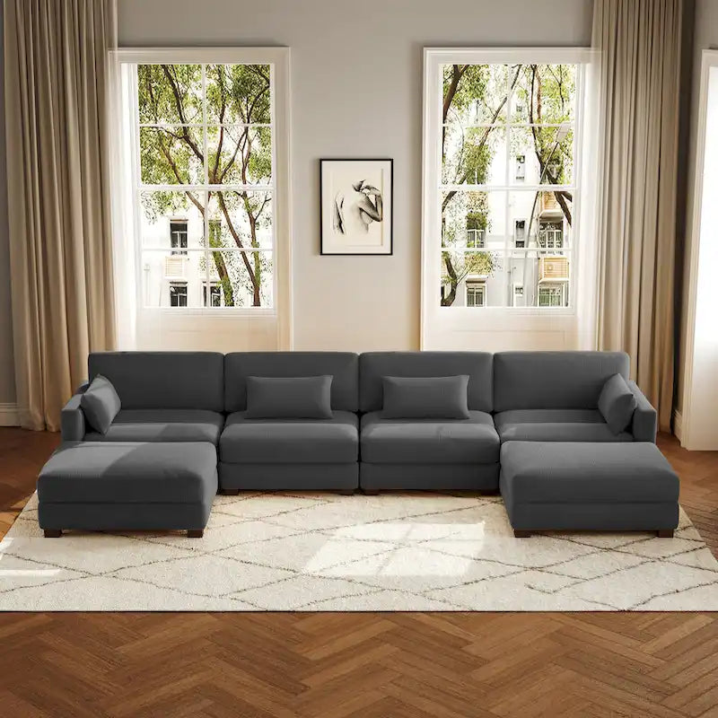 Canapé d'angle modulaire en forme de U 6 pièces avec pouf