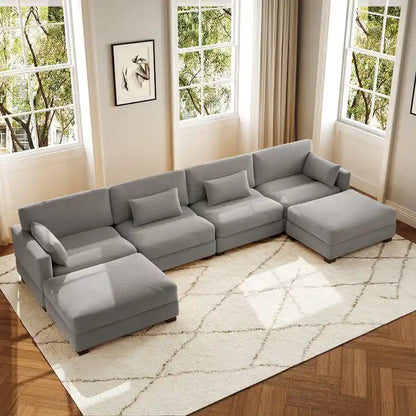 Canapé d'angle modulaire en forme de U 6 pièces avec pouf