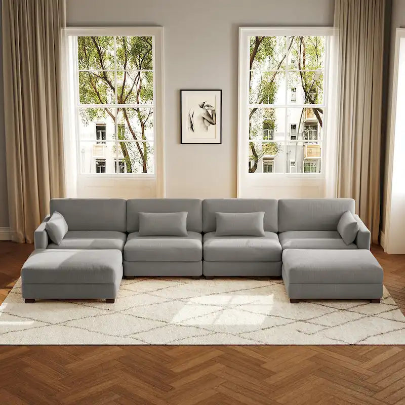 Canapé d'angle modulaire en forme de U 6 pièces avec pouf
