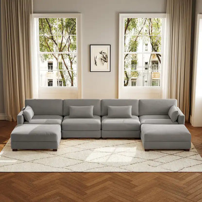 Canapé d'angle modulaire en forme de U 6 pièces avec pouf