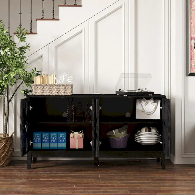 Buffet/meuble d'appoint ajouré, meuble de rangement d'entrée de 60,5 pouces, console multimédia à 4 portes