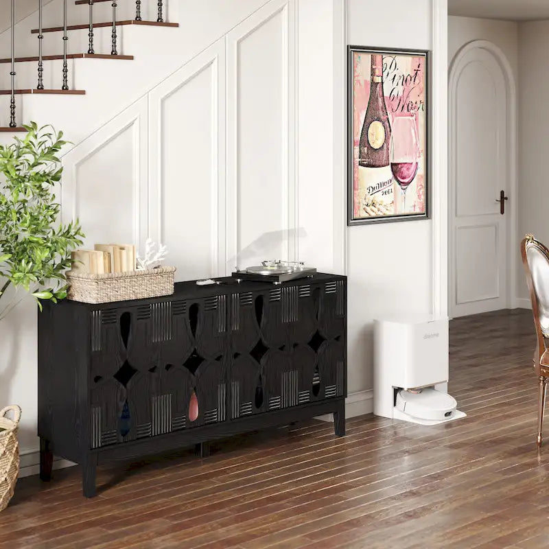 Buffet/meuble d'appoint ajouré, meuble de rangement d'entrée de 60,5 pouces, console multimédia à 4 portes