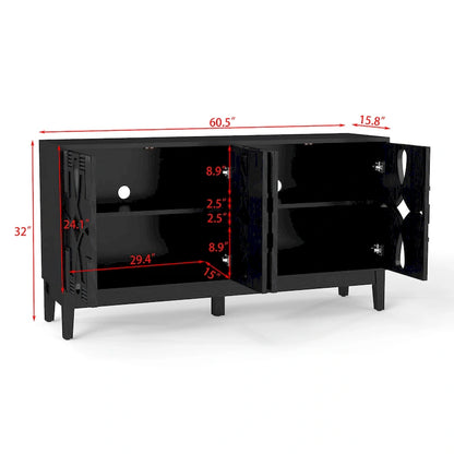 Buffet/meuble d'appoint ajouré, meuble de rangement d'entrée de 60,5 pouces, console multimédia à 4 portes