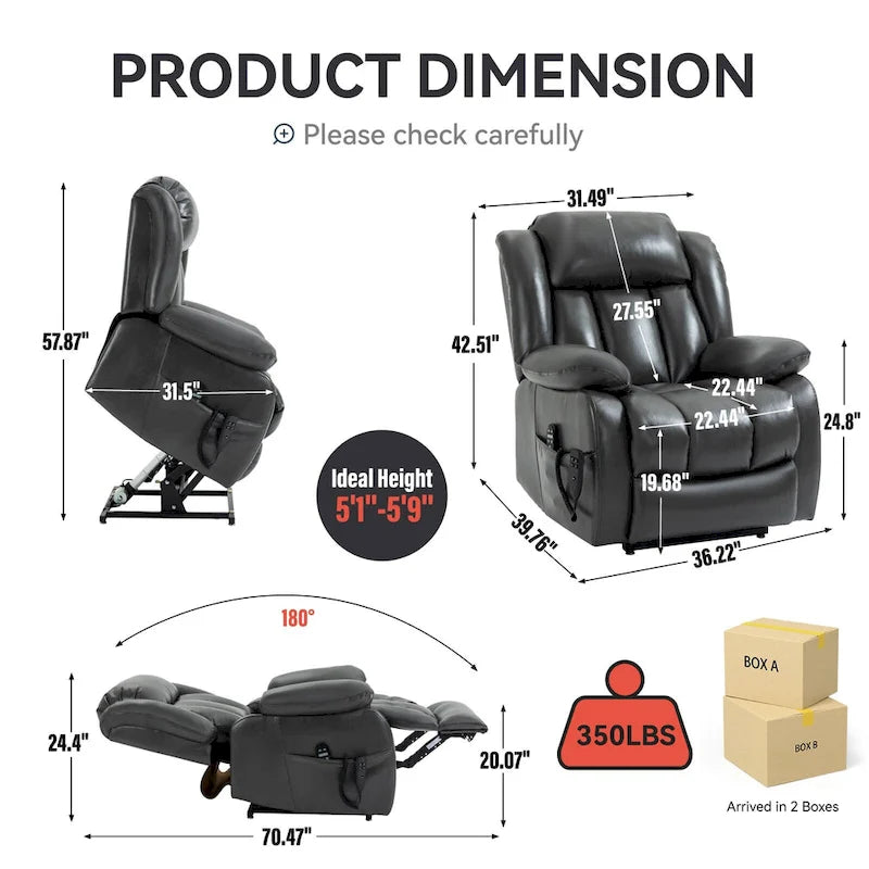 Fauteuil releveur électrique à double moteur en similicuir pour personnes âgées, canapé de massage Lazy Boy une place avec vibrations à 8 points et chauffage lombaire