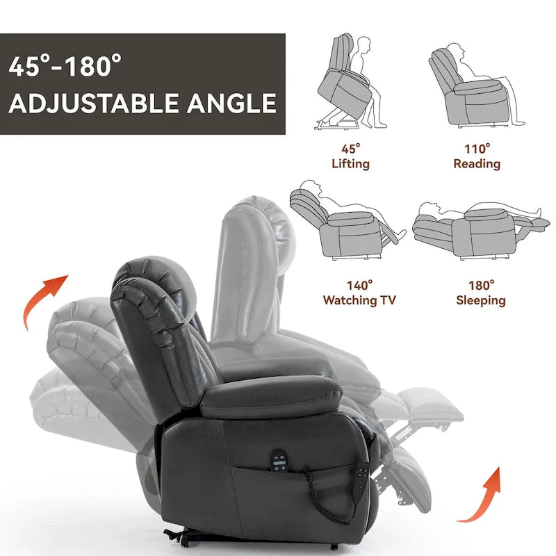 Fauteuil releveur électrique à double moteur en similicuir pour personnes âgées, canapé de massage Lazy Boy une place avec vibrations à 8 points et chauffage lombaire