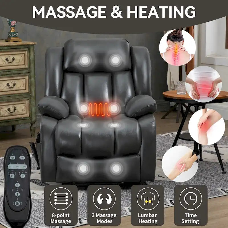 Fauteuil releveur électrique à double moteur en similicuir pour personnes âgées, canapé de massage Lazy Boy une place avec vibrations à 8 points et chauffage lombaire