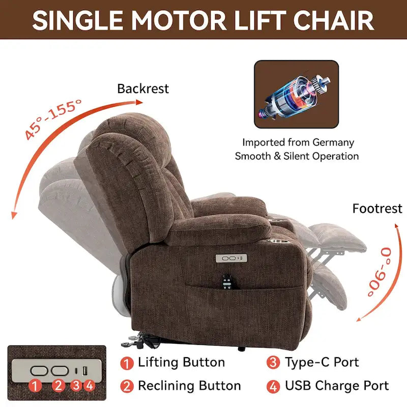 Fauteuil inclinable électrique Lazy Boy en chenille, fauteuil de massage moderne pour salon avec chauffage lombaire, ports USB et Type-C