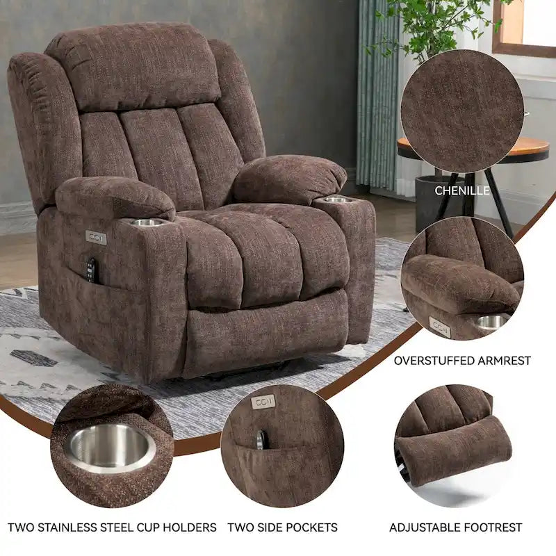 Fauteuil inclinable électrique Lazy Boy en chenille, fauteuil de massage moderne pour salon avec chauffage lombaire, ports USB et Type-C