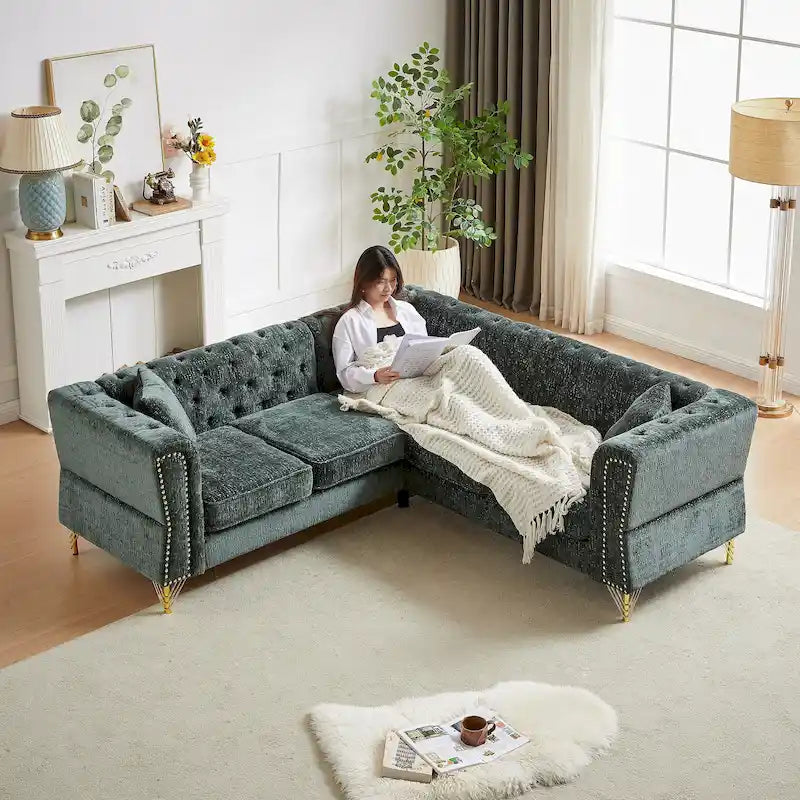 Canapé d'angle 5 places en chenille verte 81,5