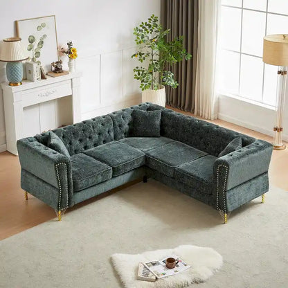 Canapé d'angle 5 places en chenille verte 81,5