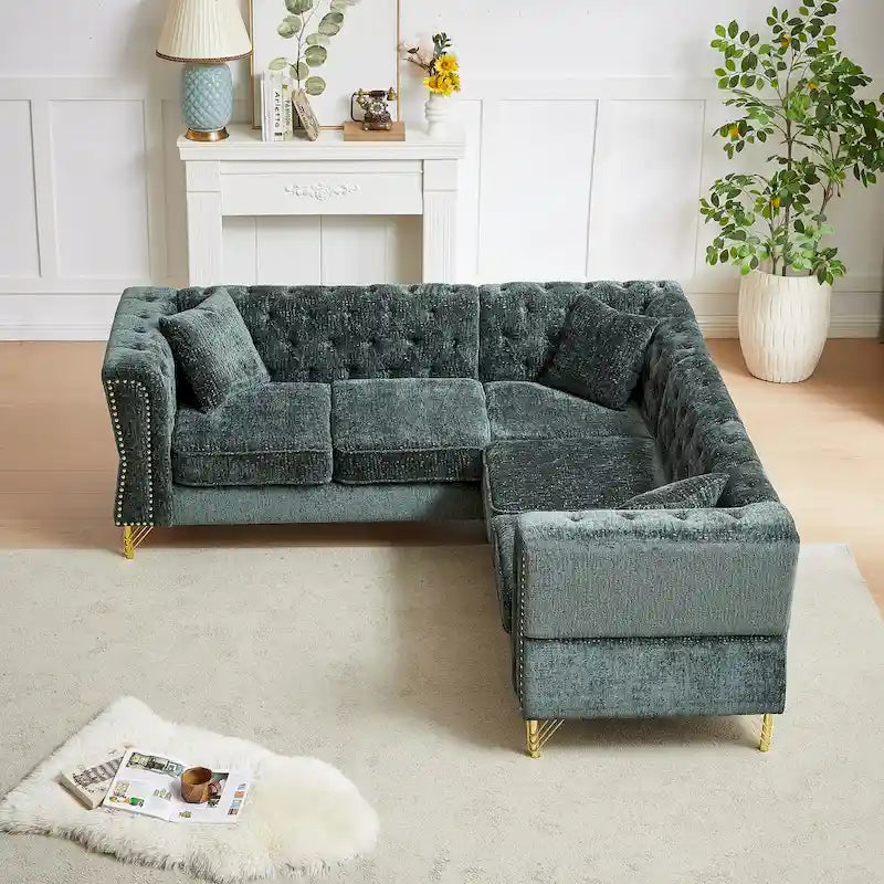 Canapé d'angle 5 places en chenille verte 81,5