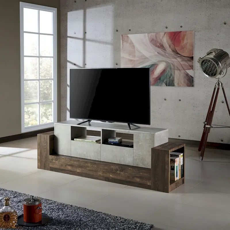 Meuble TV Geso Industrial en chêne et gris clair, 71 pouces, 4 étagères, par Furniture of America