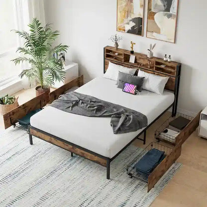Lit à panneaux Queen Size avec tiroirs de rangement sur la tête de lit