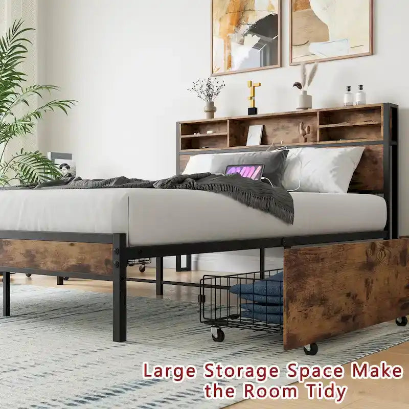 Lit à panneaux Queen Size avec tiroirs de rangement sur la tête de lit