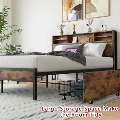 Lit à panneaux Queen Size avec tiroirs de rangement sur la tête de lit