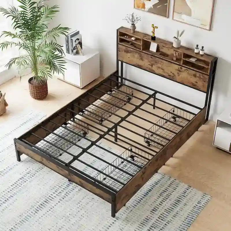 Lit à panneaux Queen Size avec tiroirs de rangement sur la tête de lit