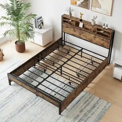 Lit à panneaux Queen Size avec tiroirs de rangement sur la tête de lit