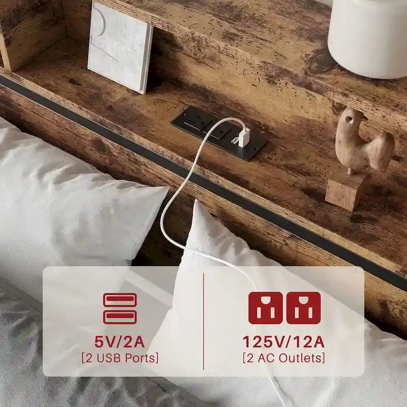 Lit à panneaux Queen Size avec tiroirs de rangement sur la tête de lit