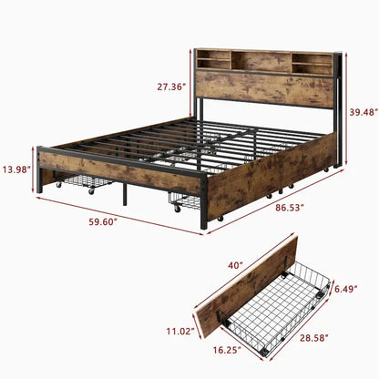 Lit à panneaux Queen Size avec tiroirs de rangement sur la tête de lit