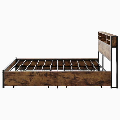 Lit à panneaux Queen Size avec tiroirs de rangement sur la tête de lit