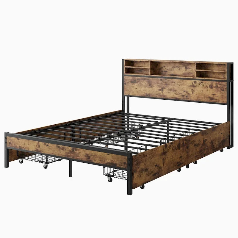 Lit à panneaux Queen Size avec tiroirs de rangement sur la tête de lit