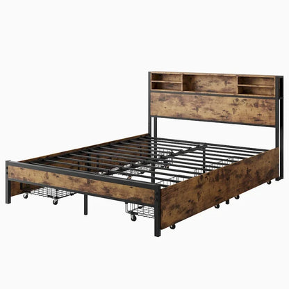 Lit à panneaux Queen Size avec tiroirs de rangement sur la tête de lit