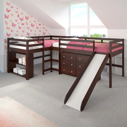 Ensemble de chambre à coucher en forme de L avec lit double et mezzanine coulissante, couleur cappuccino foncé