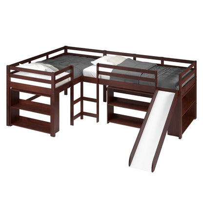 Ensemble de chambre à coucher en forme de L avec lit double et mezzanine coulissante, couleur cappuccino foncé