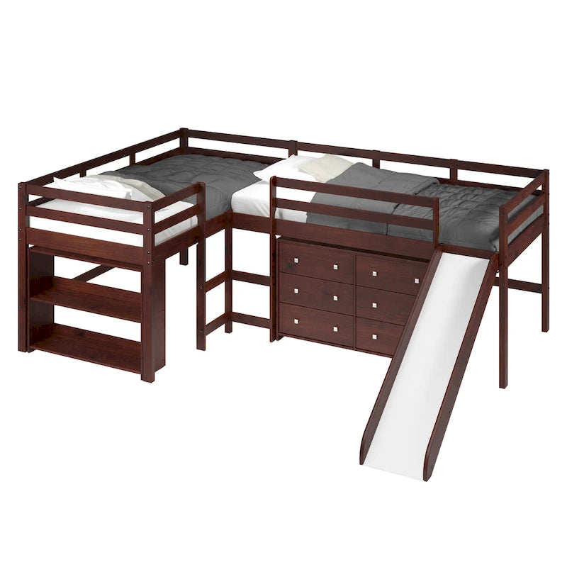 Ensemble de chambre à coucher en forme de L avec lit double et mezzanine coulissante, couleur cappuccino foncé
