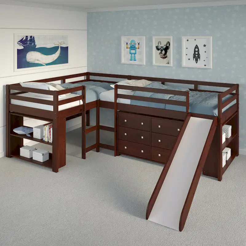Ensemble de chambre à coucher en forme de L avec lit double et mezzanine coulissante, couleur cappuccino foncé